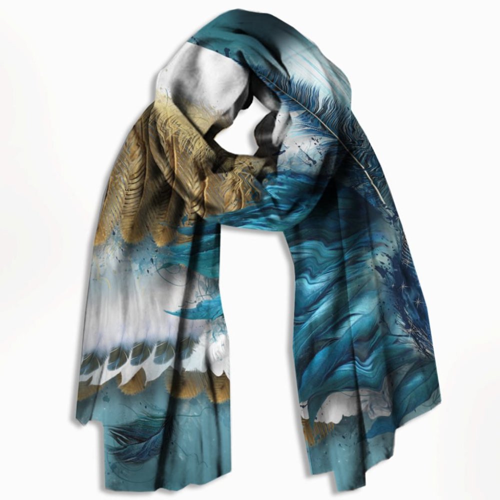 Blue & Gold Angel Feather Wings X-Long Crepe Scarf Wrap - Picture 8 of 13